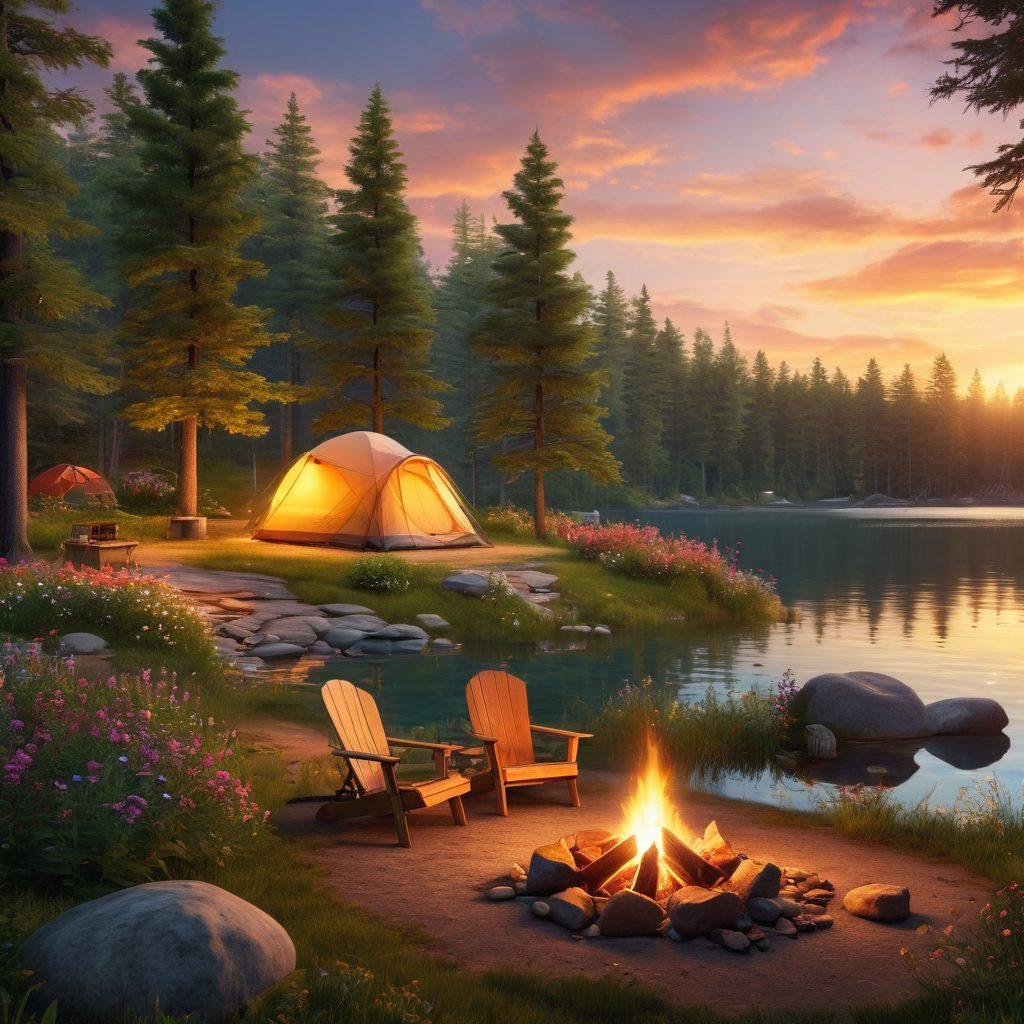 A picturesque campsite nestled in a lush forest, featuring a cozy tent adorned with string lights, a family roasting marshmallows around a crackling campfire, and a couple enjoying a sunset view over a serene lake. Various camping gear scattered around, surrounded by vibrant wildflowers and tall trees, evoking feelings of adventure and romance. super-realistic. vibrant colors. 3D.
