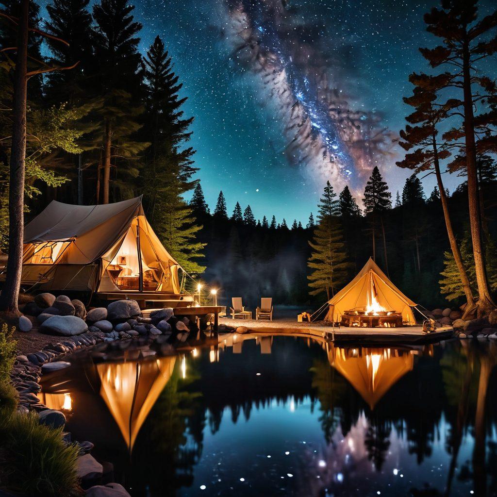 A scenic campsite showcasing a range of accommodations: a cozy tent with warm light and a fire pit, a luxurious glamping tent with elegant furnishings, surrounded by lush nature. Feature a starry night sky above, inviting outdoor elements like trees and a peaceful lake, illustrating the best camping experiences. vibrant colors. super-realistic.