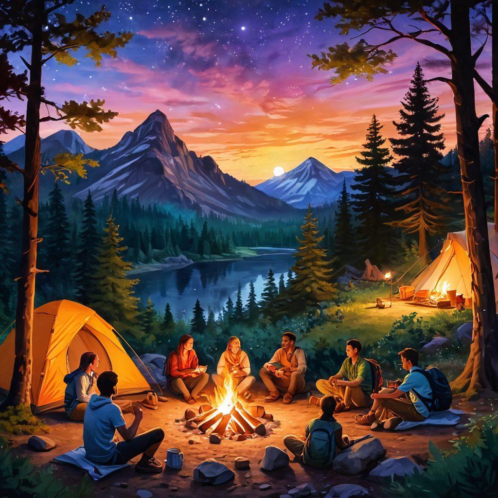 A scenic campsite at sunset with a glowing campfire, surrounded by lush trees and a starry sky. Include a diverse group of friends laughing and roasting marshmallows, with a cozy tent nearby and backpacks scattered around. Capture the essence of adventure and togetherness in the great outdoors. vibrant colors. realistic painting.